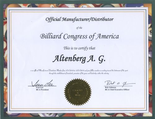 сертификат Billiard  Congress of America
